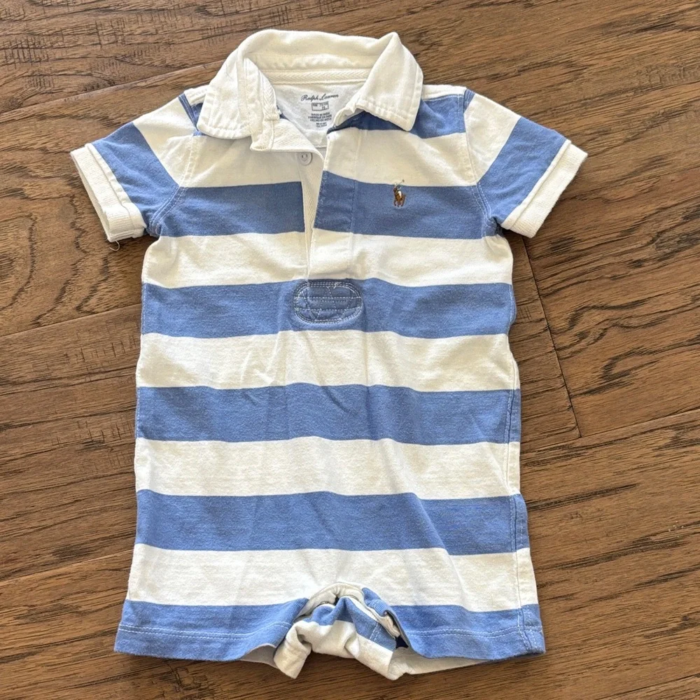 Ralph Lauren Blue and Cream Striped Polo Romper